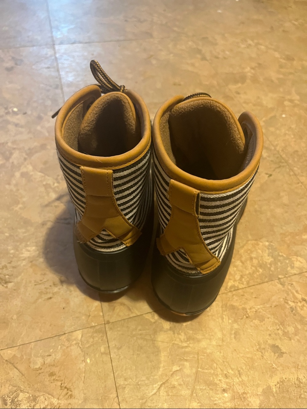 Womens Brown and Black Duck Boots with Striped Shaft - Picture 3 of 3